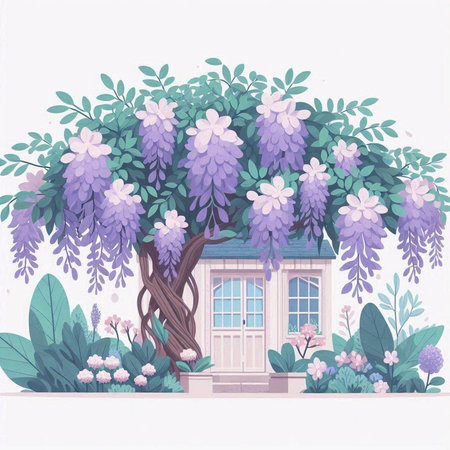 Beautiful house with wisteria. Vector illustration in a flat style.のイラスト素材