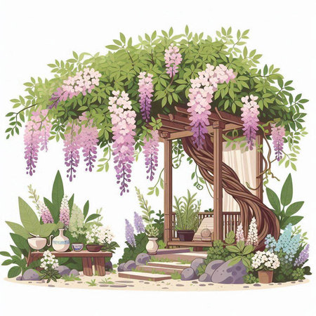 Garden with wisteria flowers and plants. Vector illustration.のイラスト素材