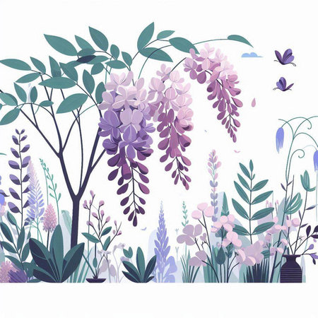 Floral background with purple wisteria flowers and butterflies. Vector illustration.のイラスト素材
