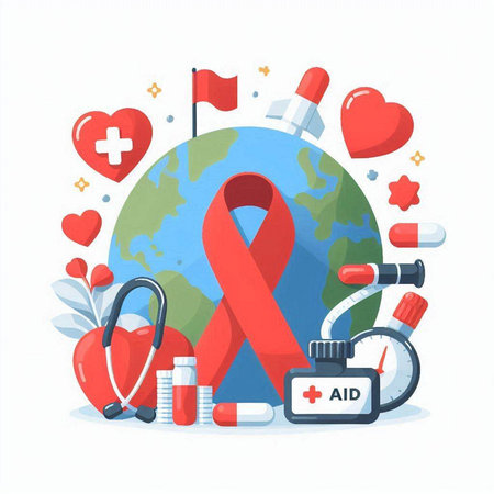 World Aids Day concept with red ribbon, stopwatch and world map. Vector illustrationのイラスト素材