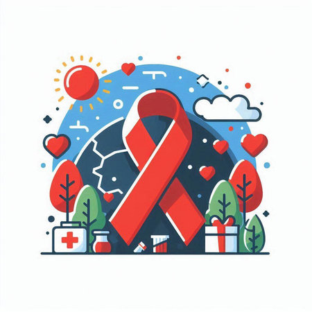 Vector illustration of World Aids Day concept with red ribbon and world globe.のイラスト素材