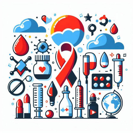 Vector illustration of World Aids Day. Red ribbon, blood drop, syringe, ribbon, world map on white background.のイラスト素材