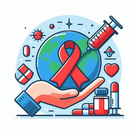 Vector illustration of World Aids Day concept with hand holding red ribbon and syringe.のイラスト素材