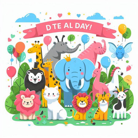 Happy birthday card with cute animals. Vector illustration in flat style.のイラスト素材