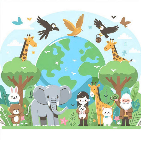 Cute animals in the park vector illustration. Flat style design.のイラスト素材