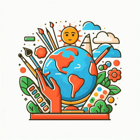Hand drawn doodle icon with globe, paints, brushes and flowers. Vector illustrationのイラスト素材