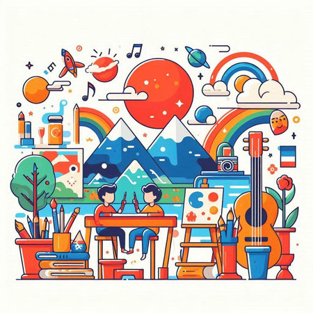 Art school concept with colorful flat line icons on white background, vector illustrationのイラスト素材