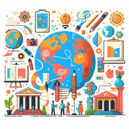 Back to school flat design concept with globe, books and school supplies. Vector illustrationのイラスト素材