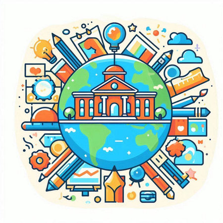 School and education concept with globe and school supplies. Vector illustration.のイラスト素材