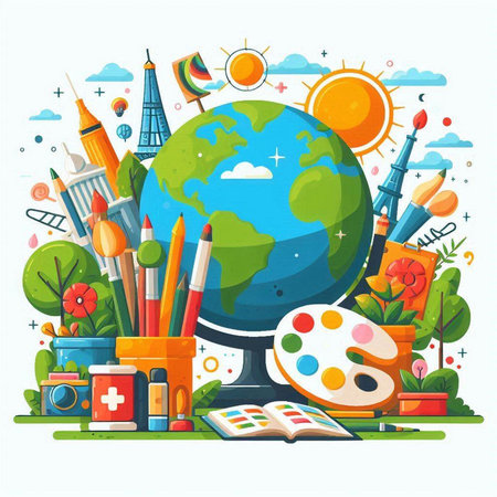 Back to school flat design concept with globe, books, paints, pencils and other objects. Vector illustration.のイラスト素材