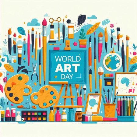Vector illustration of a world art day background with painting tools and objectsのイラスト素材