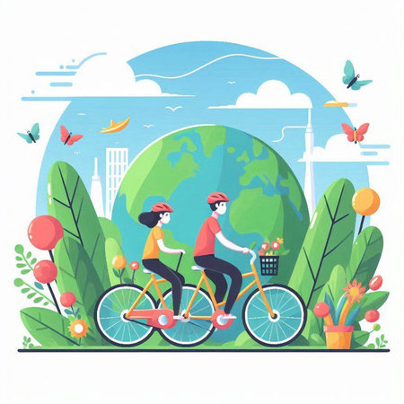 Couple riding bicycle in the park. Vector illustration in flat styleのイラスト素材