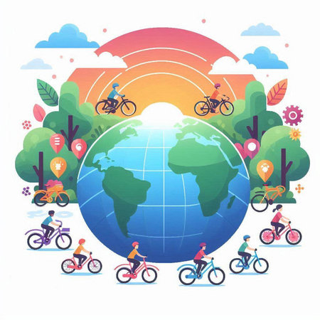 Vector illustration of people riding bicycles around the planet Earth on a sunny dayのイラスト素材