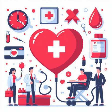 Medical care concept. Doctor with stethoscope, stethoscope, first aid kit, blood donation, heart with cross. Vector illustration in flat styleのイラスト素材
