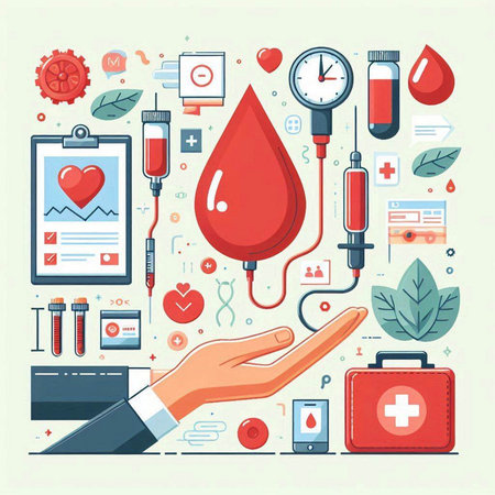 Blood donation and blood transfusion concept. Vector illustration in flat styleのイラスト素材