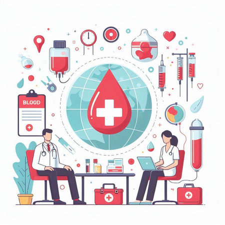Blood donation concept. Vector illustration in flat design style. Medical equipment.のイラスト素材