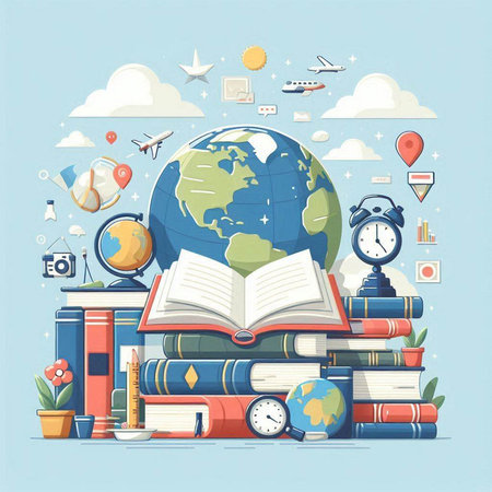 Vector illustration of books and globe on blue background. Education concept.のイラスト素材