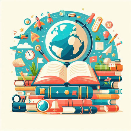Back to school. Vector illustration with books, globe and school supplies.のイラスト素材
