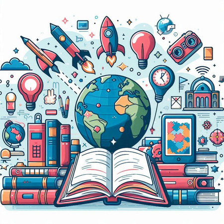 Education and learning concept. Vector line art illustration of book, globe, rocket, books, eyeglasses and other elementsのイラスト素材