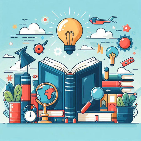 Vector illustration of an open book with education and learning related icons.のイラスト素材