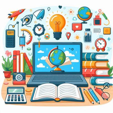 Online education concept with laptop, books and icons. Vector illustration.のイラスト素材