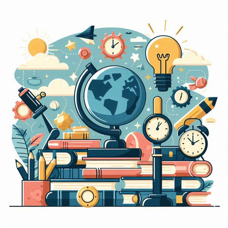 Back to school vector illustration. School supplies, books, pencils, globe, clock, magnifying glass.のイラスト素材
