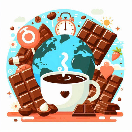 Cup of coffee with world map and chocolate, flat vector illustration.のイラスト素材