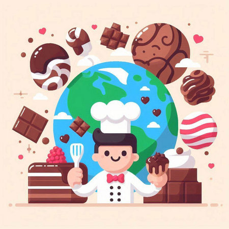 Vector illustration of a chef with a world map and chocolate desserts.のイラスト素材