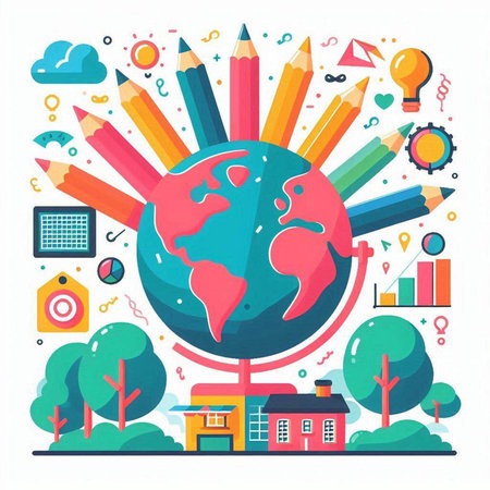 Back to school concept with globe and school supplies, flat vector illustrationのイラスト素材