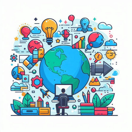 Flat line design vector illustration concept of online education, training, e-learning, distance learning.のイラスト素材