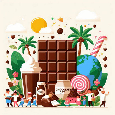 Chocolate bar and children. Flat style vector illustration. Sweet food concept.のイラスト素材