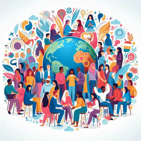 Concept of global communication. Group of people sitting around the globe. Vector illustrationのイラスト素材