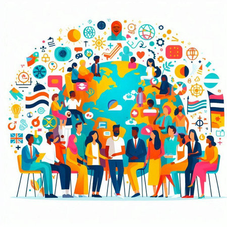 Global communication concept. Group of business people working together. Vector illustrationのイラスト素材