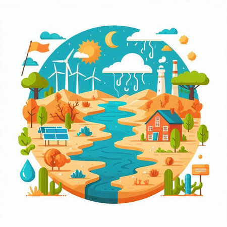 Ecology concept vector illustration in flat cartoon style. Renewable energy, windmills, solar panels, houses and treesのイラスト素材