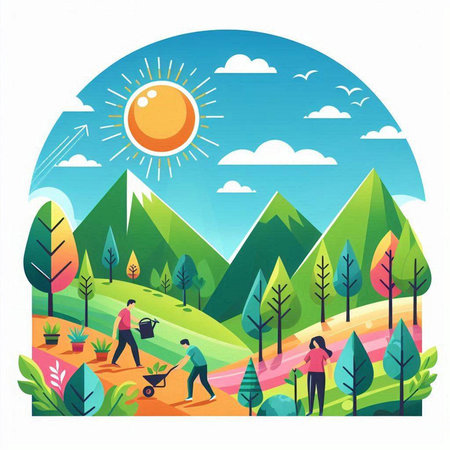 Landscape with mountains, trees, sun and people. Vector illustrationのイラスト素材