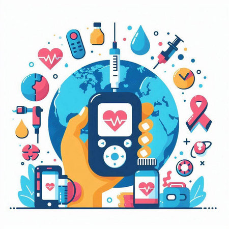 Hand holding a glucometer with heart rate, world health day conceptのイラスト素材
