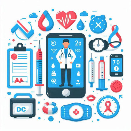 Smartphone with doctor and medical icons. Vector illustration in flat styleのイラスト素材