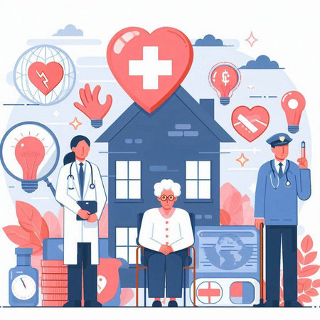 Vector illustration of a doctor, nurse and an elderly woman in a flat styleのイラスト素材