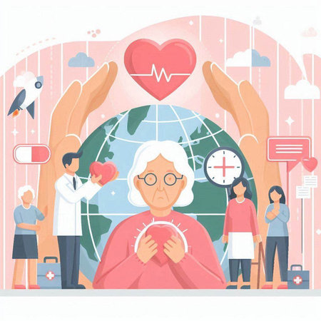 Elderly woman with heart disease. Vector illustration in flat styleのイラスト素材