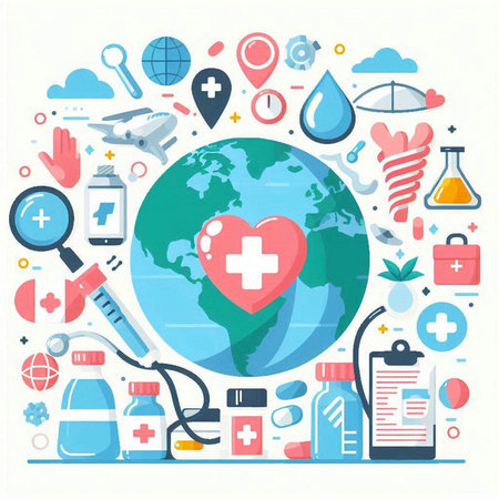 Flat design modern vector illustration concept of world health day. Globe with medical icons and symbols.のイラスト素材
