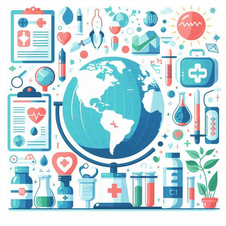 Flat design vector illustration concept of healthcare and medicine. Globe, test tubes, medical equipment.のイラスト素材