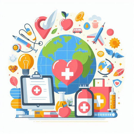 Health care and medicine concept. Vector flat design illustration with world globe, medical equipment, icons, symbols. Health care concept.のイラスト素材
