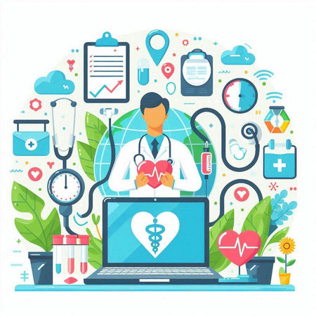 Online medical consultation concept. Doctor with stethoscope, laptop and icons. Vector illustrationのイラスト素材