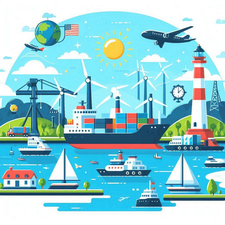 Vector illustration of the sea with ships, lighthouse, windmills, solar panels, wind turbines.のイラスト素材