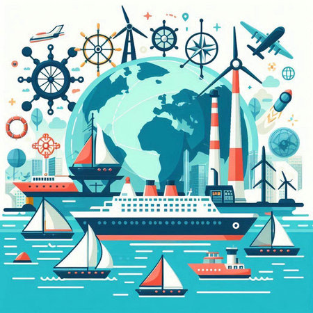 Vector flat style illustration of sea and ocean transportation. Ship, cruise ship, cruise liner, windmills, wind turbines, solar panels and other elements on white background.のイラスト素材
