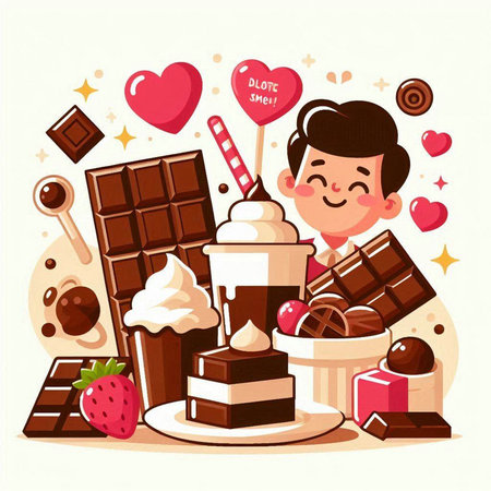 Valentine's day greeting card. Cute boy eating chocolate and sweets. Vector illustrationのイラスト素材
