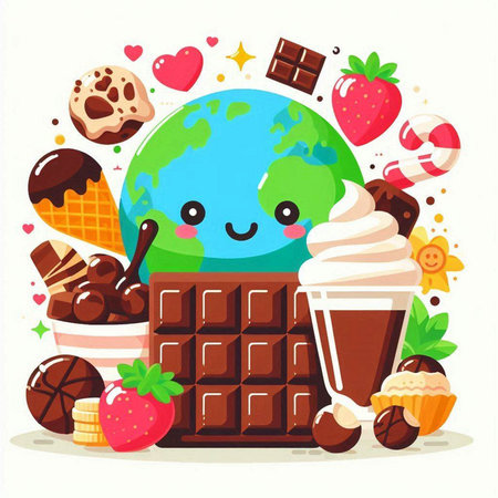 Cute cartoon world with chocolate, ice cream and fruits. Vector illustration.のイラスト素材
