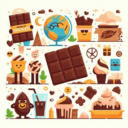 Chocolate flat icons set. Vector illustration in flat style. Chocolate icons collection.のイラスト素材