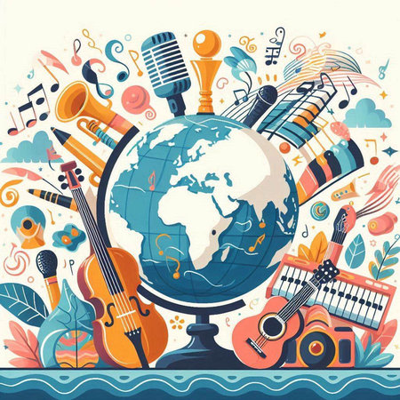 Vector illustration of music background with musical instruments and world globe. Flat style.のイラスト素材
