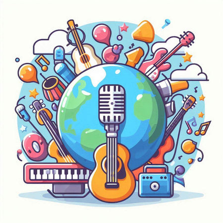 Vector illustration of musical instruments. Microphone, guitar and planet Earth.のイラスト素材